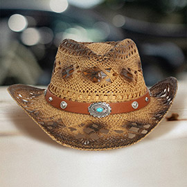 Vintage Natural Stone Accented Faux Leather Band Open Weave Gradation Panama Cowboy Straw Hat